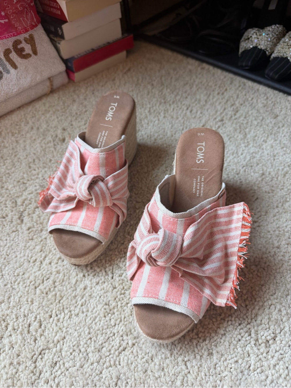TOMS Pink and Cream Striped Bow Wedge Sandals